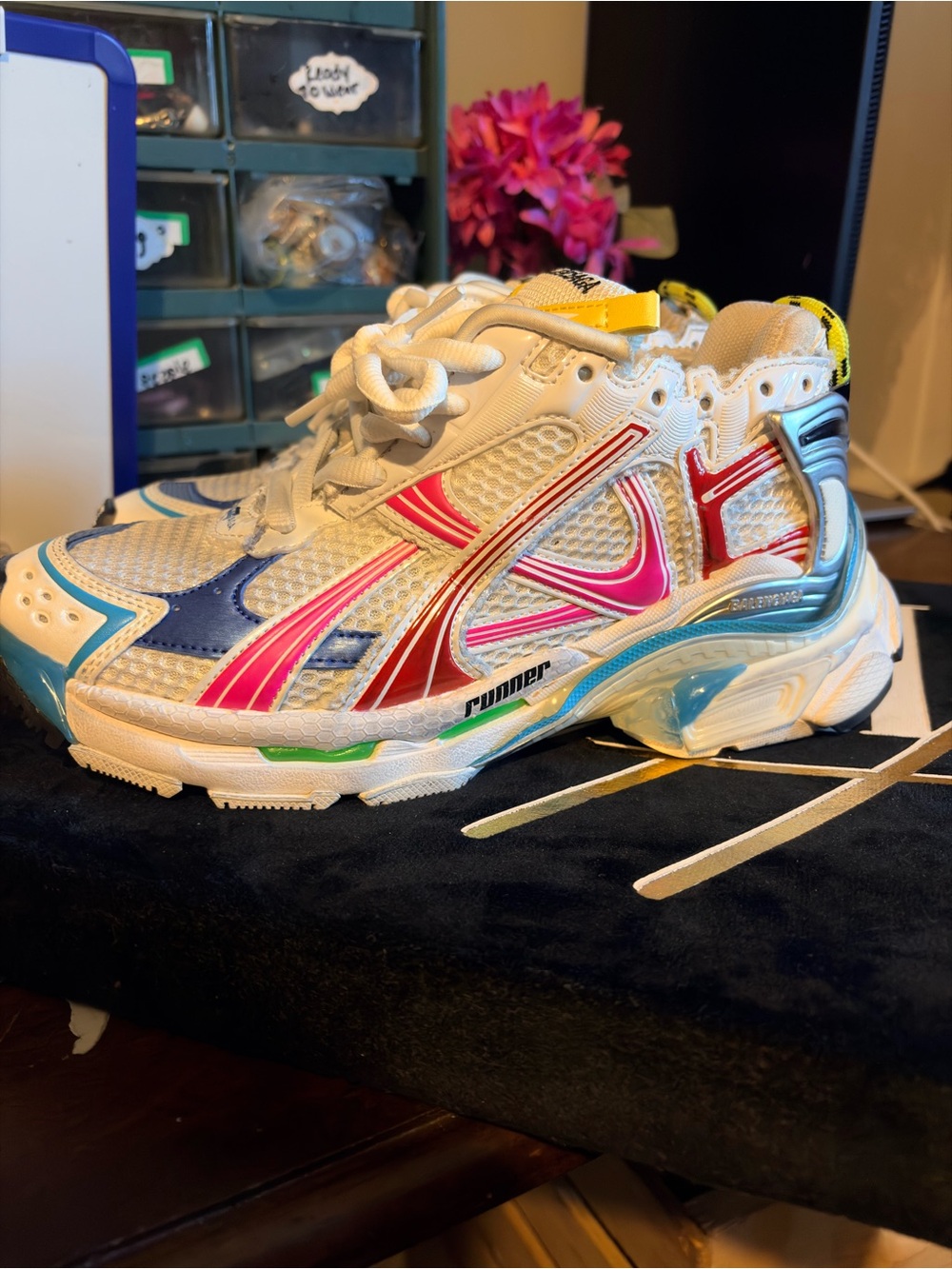 Balenciaga Women's White Sneakers with Pink, Blue & Green Details
